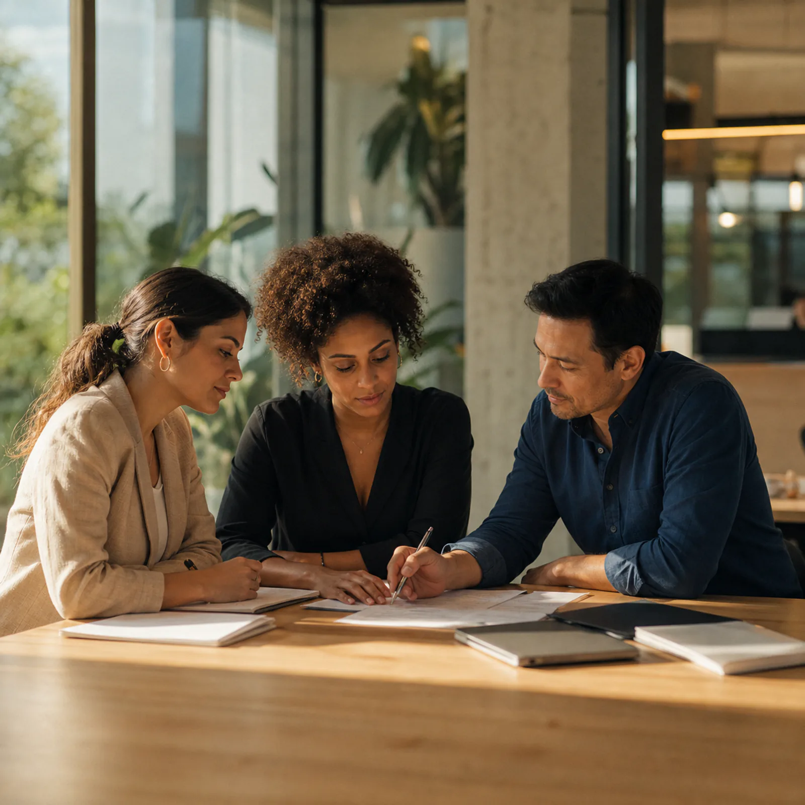 Equipe reunida em torno de uma mesa em escritório corporativo moderno